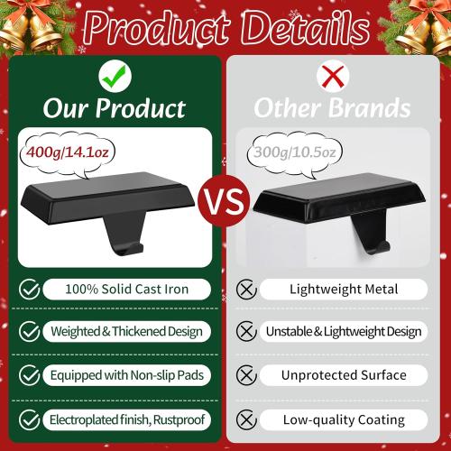 Palonu 6 Pcs Christmas Black Stocking Holders, Heavy Duty Mantle Hangers with Non-Slip Pad, Weighted Stocking Hooks Christmas Ornaments for Xmas Holiday Fireplace Shelf Window Decoration