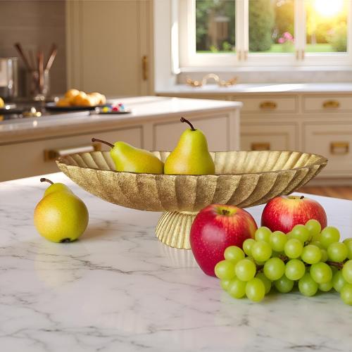 14.5 Large Decorative Long Bowl decor - Fluted Scalloped Decorative Bowls for Home Decor - Ruffle Decor,Stylish Key Bowl for Entry Table,Decorative Fruit Bowls for Kitchen Counter,Golden