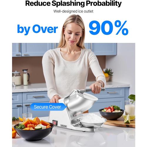 VEVOR Ice Crusher Machine, 143lbs Per Hour Electric 2 Blades Snow Cone Maker, Stainless Steel Shaved Ice Machine with Bowl and Cover, 300W 2000RPM Ice-Shaver for Home and Commercial Use, Silver