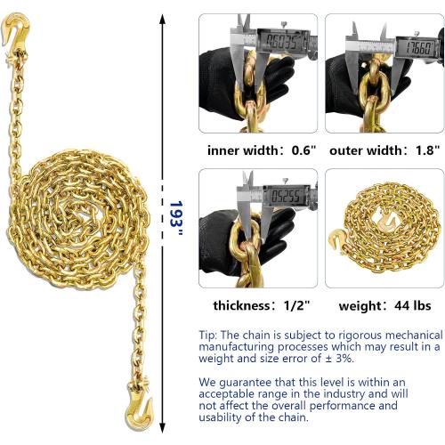 1/2 Chain Trailer Chains with Hooks, Grade 80 Tow Log Chain 12000 lbs Working Load for Truck Farm Construction(1/2 in x 16FT)