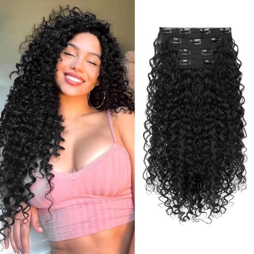 Clip in Hair Extensions, FLUFYMOOZ 4PC 100％ Pure Protein Silk Hair Extensions Long Soft Natural Hairpiece 20 Inch Curly Hair Extension for Women (Black)