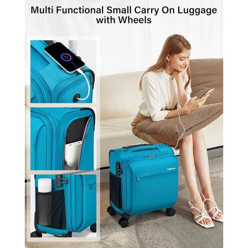 Hanke 16 Inch Underseat Carry On Luggage with Wheels Small Suitcase Softside Luggage Bags for Travel Lightweight Suitcases with Wheels Travel Luggage Personal Item for Men and Women(Caribbean Blue)