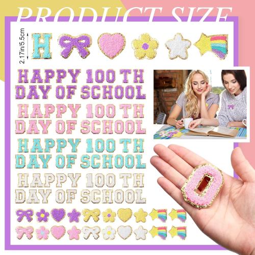 Yungyan 104 Pcs 100 Day of School DIY Shirt Letter Patches Chenille Self-adhesive for Teacher Backpack Cloth Preppy Embroidery Sticker Cute Star Heart Rainbow Patch Craft Hat Iron on Activity Supplies