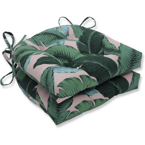 Pillow Perfect Tropic Botanical Indoor/Outdoor Tufted Wicker Seat Cushion With Ties, 2 Count, , Green Swaying Palms Capri
