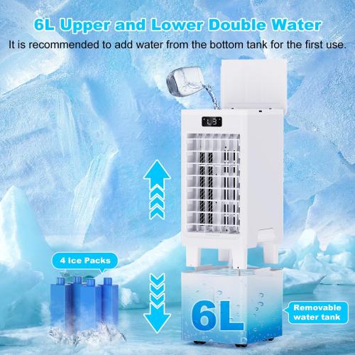 Evaporative Air Cooler, 6L Windowless Portable Air Conditioners, 4-IN-1 Swamp Cooler with 4 Ice Packs, 4 Modes & 3 Speeds, Auto Oscillating, 12H Timer, 17FT Remote, Cooling Fan for Office, Home