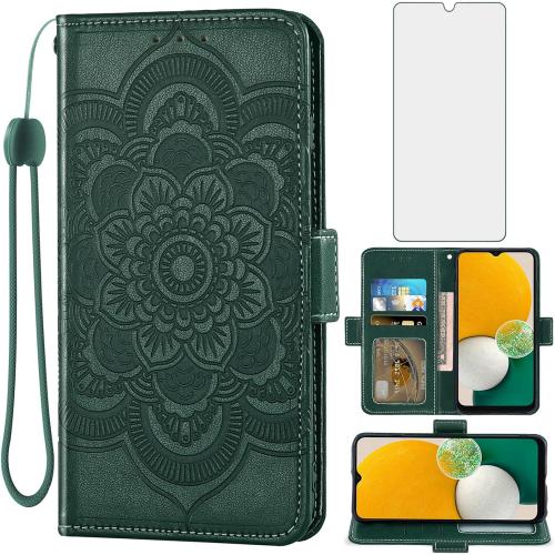 Asuwish Compatible with Samsung Galaxy A13 5G Wallet Case and Tempered Glass Screen Protector Flip Credit Card Holder Stand Cell Phone Cover for Gaxaly A 13 G5 2022 13A A135G SM A136U Women Dark Green