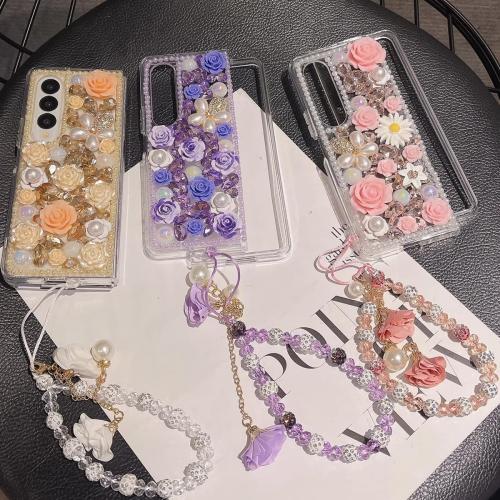 for Samsung Galaxy Z Fold 6 Case,Cute Bling Glitter Sparkle Stunning Stones Diamond Rhinestone 3D Handmade Pearl Rose Flower with Wrist Lanyard Women Girly for Galaxy Z Fold 6 (Purple)