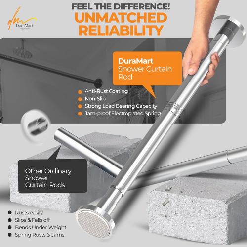 Silver Shower Curtain Rod Spring Tension, Stainless Steel Tension Curtain Rods No Drilling Required, Rust Free Shower Rods for Bathroom, Non-Slip Shower Tension Rod, Adjustable Curtain Rod (28” - 74”)