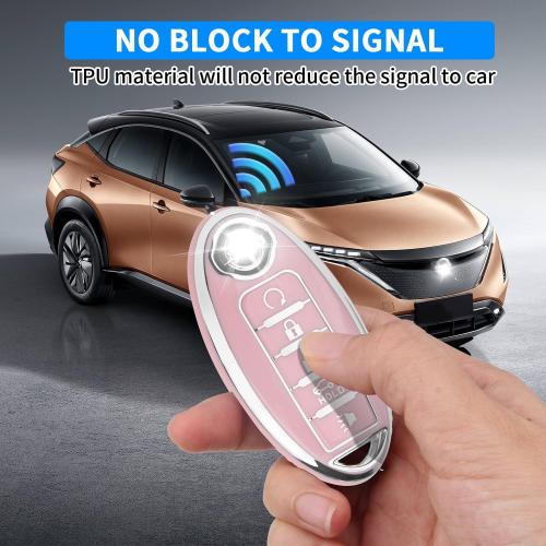 QBUC for Nissan Key fob Cover,Soft TPU 360°Car Key Case Protector with Keychain Compatible with Altima Sentra Rogue Pathfinder Murano Armada Maxima Versa ect 5 Buttons Smart Keys(Pink)