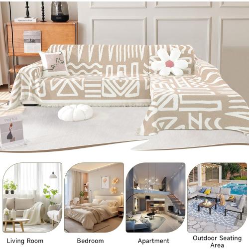 VClife Boho Couch Cover for 2 Cushion Couch Sofa Cover Thick Chenille Sectional Sofa Cover for Dog Modern Beige Khaki Cream White Plaid Triangle Sofa Slipcover Loveseat Cover Futon Covers 71''x118''