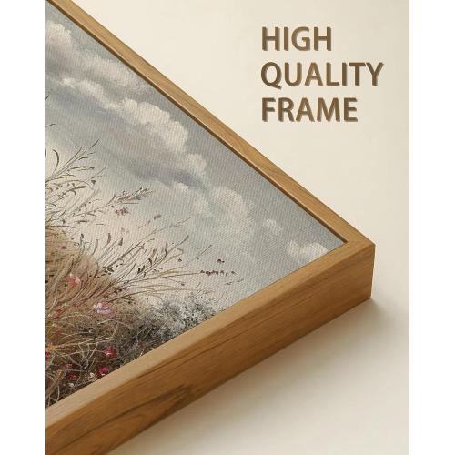 SHENIFY Vintage Landscape Framed Wall Art Meadow with Flowers Farmhouse Decor Retro Wildflower Field Scenery Painting for Hallway Bedroom Living Room Dining Room - 20x40in Natural Framed