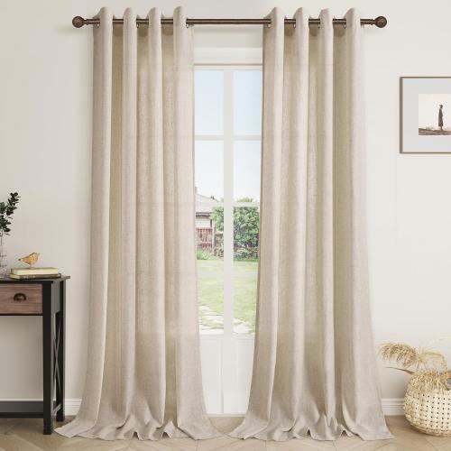 Beige Flax Linen Curtains 90 Inches Long for Bedroom Grommet Burlap Farmhouse Rustic Drapes Light Filtering Tan Semi Sheer 90 Inch Length Window Curtain 2 Panels Set for Living Dining Room
