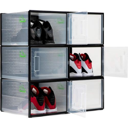 BLACK LARGE 6 pack - 14.6 Inches Long for BIG Shoes & Sneakers, Shoe Storage Organizer, Shoe Storage Boxes, Shoe Box Clear Plastic Stackable, Shoe Containers, Shoe Organizer for Closet