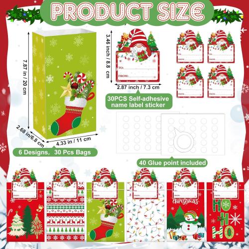 Blosssound 30 Pack Winter Paper Gift Bags Blue Wonderland Treat Bags with Name Stickers Christmas Candy Cookie Craft Party Favors Holiday Festive Home Party Decor Supplies(Christmas Tree)