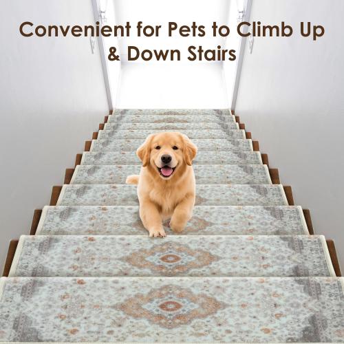 Brakki Bullnose Stair Treads for Wooden Steps, Non Slip Stair Carpet for Indoor Runner and Pets, Soft Edging Staircase Protectors Reusable, Washable, 29.5x9.5x1.5 14pcs, Beige and Grey