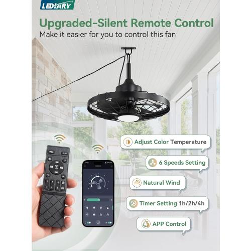 LEDIARY 20 Outdoor Ceiling Fan with Lights,IP65 Waterproof Gazebo Hanging Fan with Remote Control Smart App, Plug in Caged Ceiling Fan with 3CCT 6-Speeds for Patio Porch Pergola(Black)