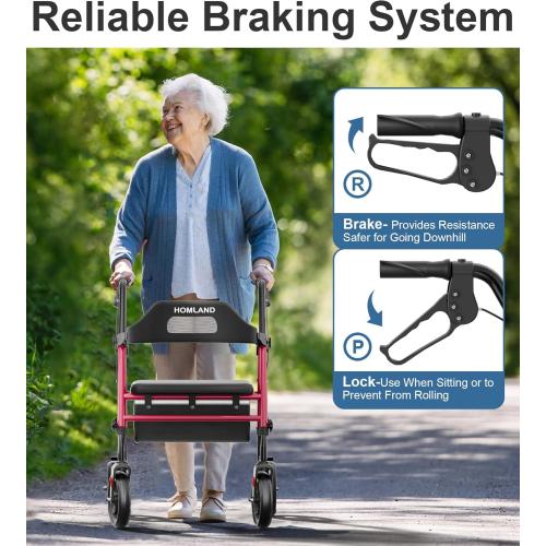 Foldable Rollator Walkers with Seat for Seniors, 8'' Big Wheels, 350 lb. Weight Capacity, Adjustable Handles and Seat Height, Lightweight Rolling Walker, Red