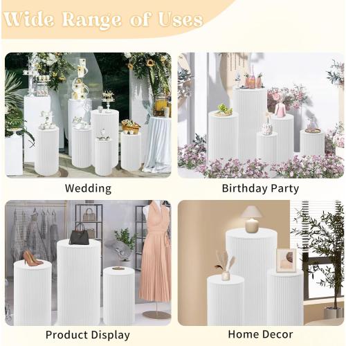 Fivenl 5 Pcs Metal Pleated Cylinder Pedestal Stands for Party, Heavy Duty White Round Cake Pedestal Stand Flower Plant Display Plinth Pillars for Wedding Birthday Event Decor