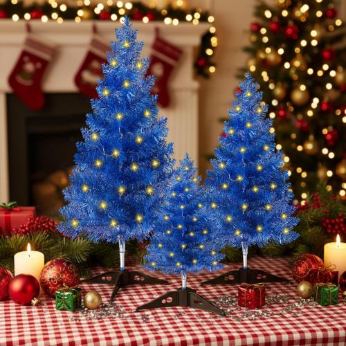 Realspring Blue 3 Pcs Mini Christmas Tree with Lights Tabletop 20/14/8 Inch Small Artificial Xmas Trees Miniature Pine Xmas Tree Bottle Brush Trees for Christmas Home Table Decor