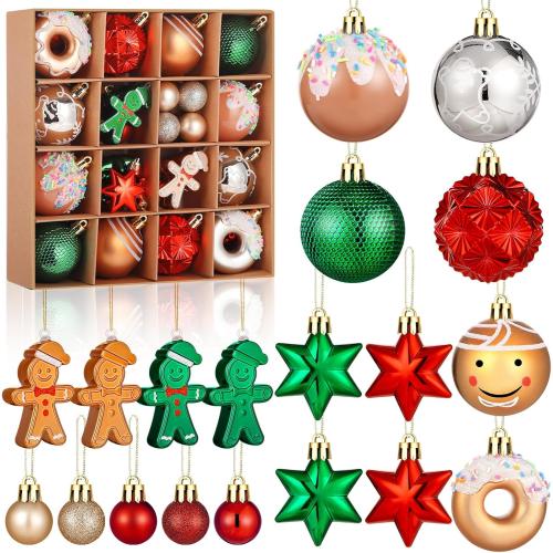 Syhood 40 Pcs Gingerbread Man Christmas Ball Ornaments 2.4 Inch Gingerbread Christmas Decorations Shatterproof Red Green Gold Candy Donut Xmas Baubles for Tree Home Wreath Holiday Office Indoor Decor