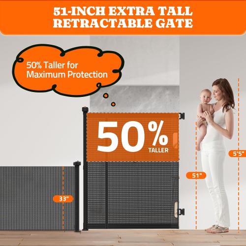 Pawtners Retractable Baby Gates Extra Wide, Dog Gate Indoor with Cat Door for Stairs, Pet Gate with Support Rods for Doorways Hallways Indoor & Outdoor,51 Tall x 200 Wide