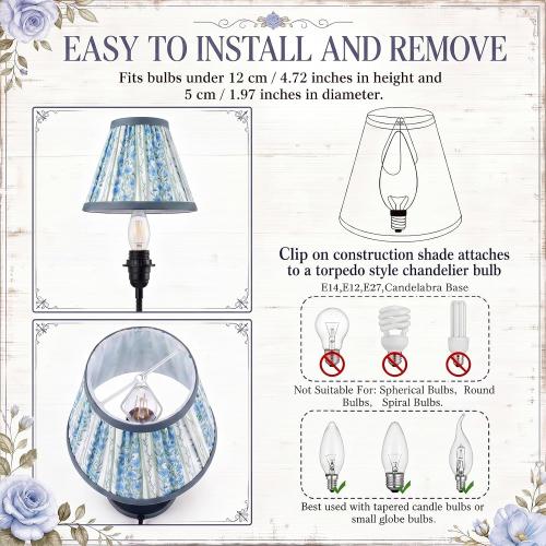 Zhengmy 6 Pcs Pleated Chandelier Lamp Shades, Blue Floral Stripe