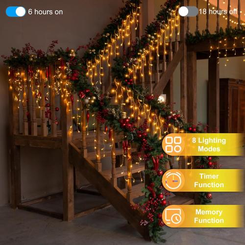 504LED 50ft Christmas Lights, 112Drops 12 Modes Warm White Christmas String Lights Outdoor Dimmable, Waterproof Christmas Decoration Fairy Lights with Timer for Indoor Eaves Party Patio Window Fence