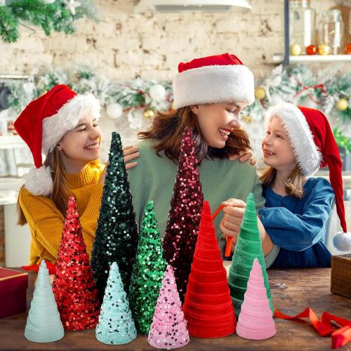 Ireer 12 Pcs Christmas Velvet Trees Set Various Size Velvet Cone Modern Decorations Indoor Table Tree Centerpiece Minimalist Xmas Holiday Winter Home Decor (Red Green)