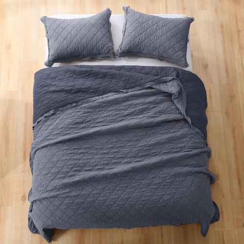 HORIMOTE HOME 100% Linen Front/100% Cotton Back Quilt Set King Size, Steel Blue Pre-Washed European Flax Linen Quilt, Diamond Stitch Bedspread Coverlet Bedding Set 3-Piece for All Seasons