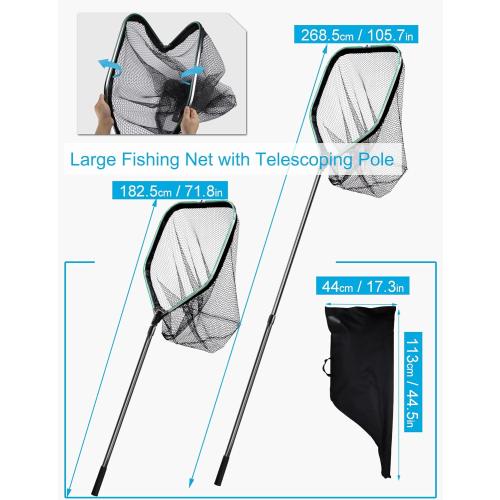 Saltwater Large Fishing Net with Handle 75.8-105.7 - Extra Large Rubber Fishing Landing Net with Telescoping Handle Fish Net, Aluminum Half Folding Nets, Depth 26.8in