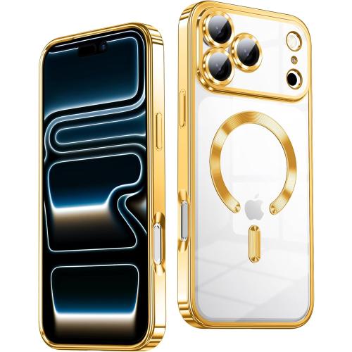 Slim Thin for iPhone 17 Pro Max Case Clear, Compatible with MagSafe, Built-in Camera Lens Protector, Non Yellowing Shockproof Protective Phone Case, Soft Electroplated Magnetic Cover, Gold