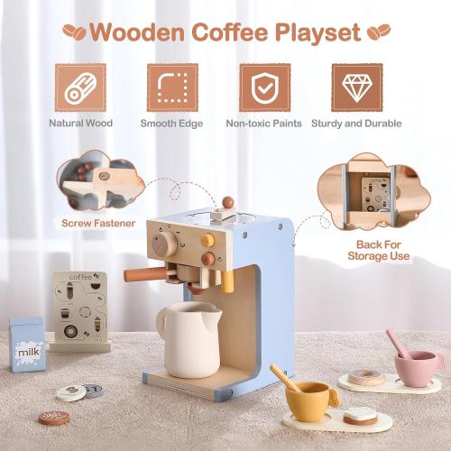 EERKEOD Toy Coffee Maker for Kids Wooden Kids Coffee Maker Playset for Toddlers Play Kitchen Accessories Gift for Girls and Boys