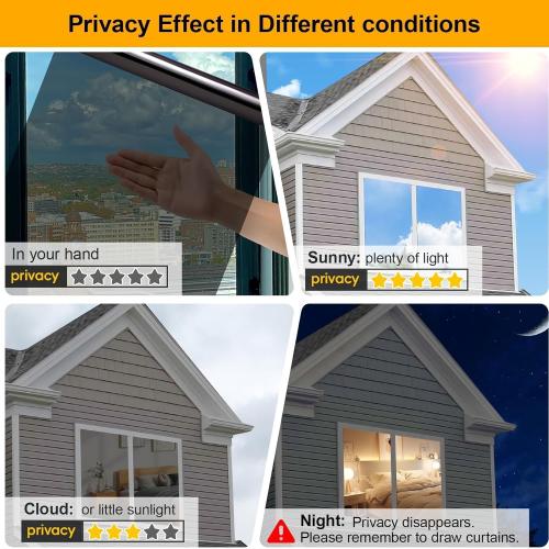 One Way Window Privacy Film See Out Not in, Window Tint for Home, Reflective Mirror Glass Windows Coverings Sun Heat UV Blocking, Black-Silver, 35.4 Inch x 78.74