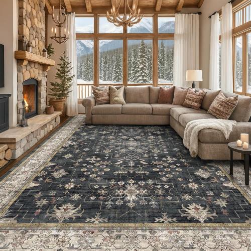 Size large Black Farmhouse Washable Area Rugs for Living Room, Bedroom, Dining Room Kitchen Table Rug for Under Table, Office, Dark Charcoal Tumble Stain Resistant Non-Slip Large Washable