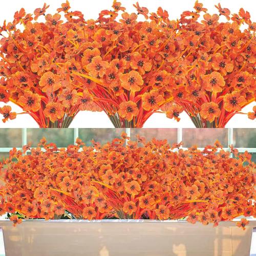 Artificial Fall Flowers Outdoor - Autumn Realistic Faux Plant , Weather-Resistant UV Protection, Perfect for Porch, patio, Garden, Window Box, and Planters Decor(Fall Orange)