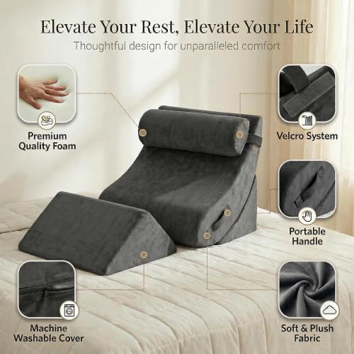 Orthopedic Bed Wedge Pillow Set, Post Surgery Foam for Back, Neck and Leg Pain Relief Comfortable & Adjustable Ortho Pillows- Anti Snoring, Heartburn, Acid Reflux & GERD Sleeping Dark Grey