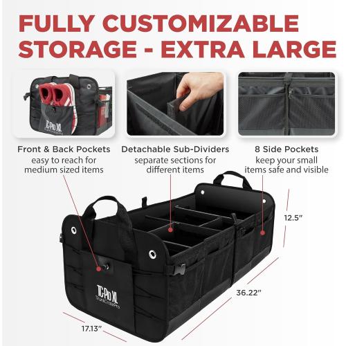 TRUNKCRATEPRO Size  XL Color Black  Premium SUV, Truck, Car Trunk Organizer With Expandable Compartments - Lightweight Foldable Cargo Organizer