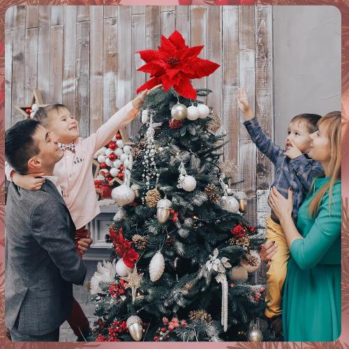Velvet Poinsettia Christmas Tree Topper 16'' Jumbo Artificial Velveteen Poinsettia with Stem Faux Flower Xmas Tree Ornament for Christmas Holiday Wedding Holiday Party Decor(Classic Red)