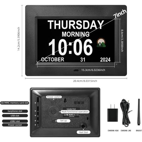 7 Inches Digital Clock with Day and Date for Elderly Alzheimer's Dementia Clock Customizable Alarms and Medicine Reminders 3 Display Modes Large Font Digital Alarm Clock for Seniors (Black)