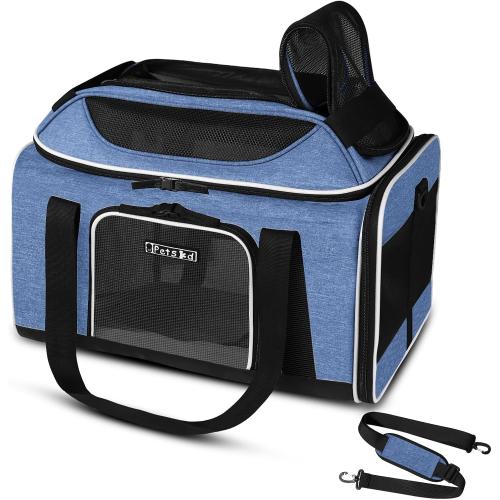 Petskd Top-Expandable Pet Carrier 18x11x11 Inches Delta American United Airline Approved, Soft-Sided Carrier for Small Cats and Dogs with Locking Safety Zippers and Anti-Scratch Mesh(Blue)