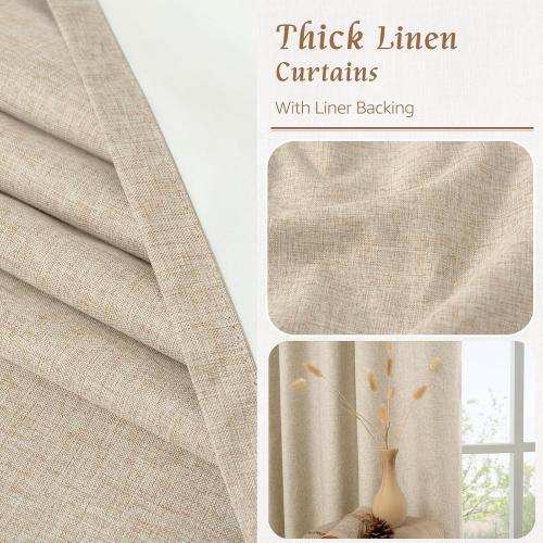 LAMIT 100% Blackout Natural Linen Curtains, 72 Inches Linen Textured Thermal Bedroom Curtains Back Tab and Rod Pocket Neutral Panels with White Liner for Farmhouse, 2 Panels, 52 x 72 Inch