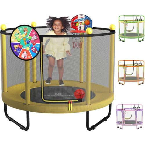 LANGXUN 60 Trampoline for Kids, 5ft Toddler Mini 6-in-1 Trampoline Indoor Outdoor with Swing, Basketball Hoop, Dart Board, Gymnastics Bar, Rings, Christmas Toys Birthday Gifts for Girls Boys Age 3-8