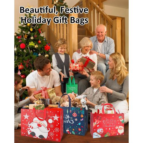 Christmas Gift Bags Assorted Sizes, Extra Large/Medium/Small 12PC Christmas Tote Bags with Handles, Heavy Duty Non-Woven Christmas Shopping Bags, Party Favor Bags, Large Holiday Bags for Presents Bulk