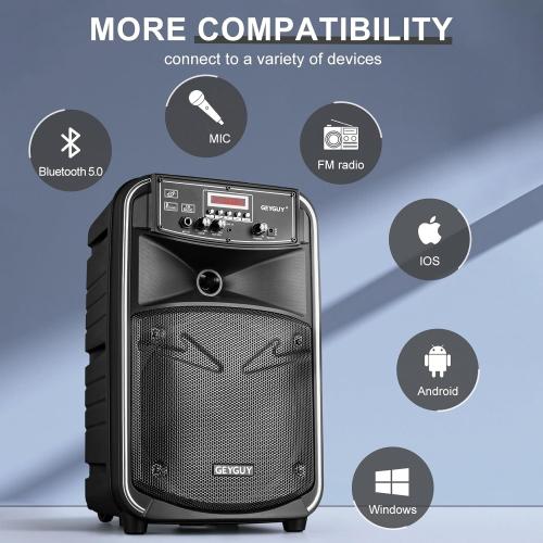 GTSK8-2 Portable Bluetooth PA Speaker with Microphone - 8’’ Subwoofer, W/Built-in Rechargeable Battery, All-in-One PA System for Karaoke, Parties & Events, Rechargeable Speaker System
