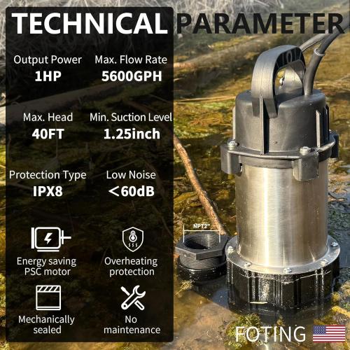 FOTING 1HP 5600 GPH 40FT Sump Pump Submersible Sewage/Effluent Pump - Heavy Duty Cast Iron Automatic/Manual - 115V Septic Pump for Sump Basin/Residential/Sewage/Basement, 2'' NPT,Black