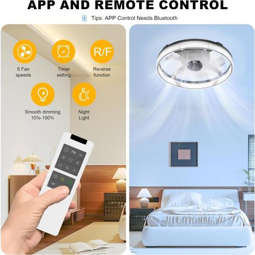 Color Black Ceiling Fans with Lights and Remote, Stepless Color Temperature Change and 6 Speeds, Flush Mount LED Ceiling Fan for Bedroom, Kids Room, Living Room - 20 Modern Ceiling Fans (Black)
