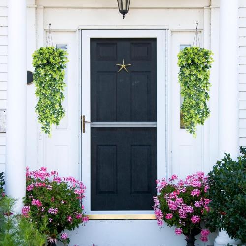Fake Hanging Plants, 2pcs Artificial Hanging Plant, Faux Boxwood Shrubs Grass Hanging Plant Greenery for Wall Home Living Room Indoor Outdoor Decor (No Baskets)