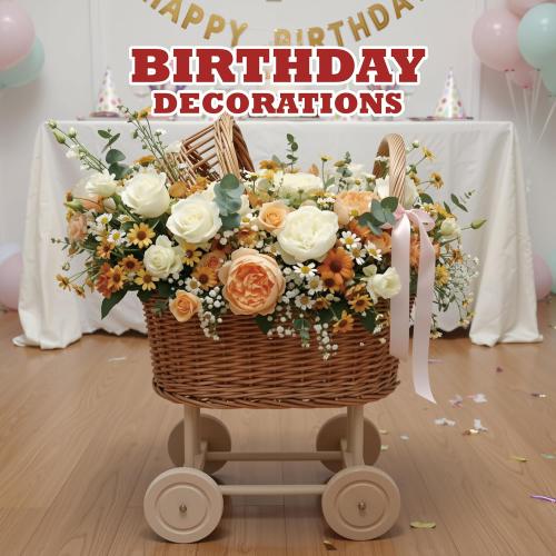 Woven Rattan Stroller Shaped Flower Basket, Vintage Wicker Baby Carriage Planter for Floral Arrangements, Baby Shower Wedding Party Decor, Photography Props, Floral Rustic Home Decor (Large Style B)