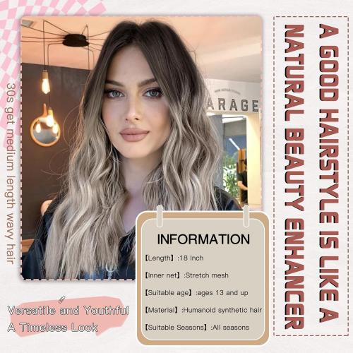 Black Sandy Blonde Wig 18 Inch Medium Length Wigs for Women Middle Part Synthetic Hair Wavy Wig with Upgraded Strands,Natural Hair Wigs for Daily Party/Halloween Use 18Inch,Sandy Blonde