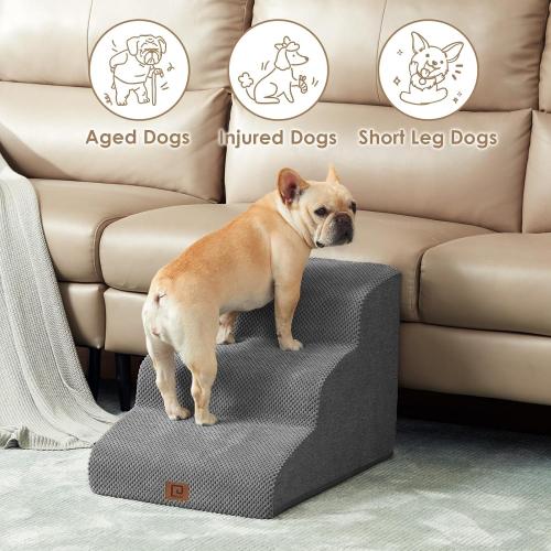 EHEYCIGA Curved Dog Stairs Ramp for Small Dogs 15.7 H, 3-Step Dog Steps for Couch Sofa and Chair, Pet Stairs for Cats, Non-Slip Balanced Pet Steps Indoor, Grey